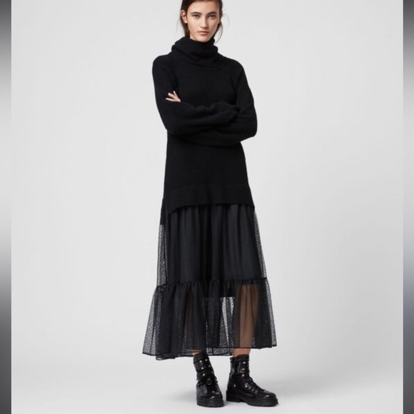 All Saints Black Tula Wool Blend Turtleneck Chunky Knit W/Mesh Skirt Dress XS - Picture 2 of 16